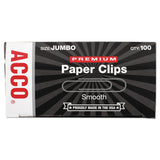 ACCO Premium Heavy-Gauge Wire Paper Clips, Jumbo, Smooth, Silver, 100 Clips/Box, 10 Boxes/Pack (ACC72500) 10 Boxes of 100