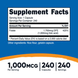 nutricost® Folic Acid (Vitamin B9) Dietary Supplement Folate 1,000 mcg Strength Capsule 240 Per Bottle (1270254_BT) 1/BT