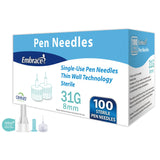 Embrace® Safety Insulin Pen Needle 31 Gauge 8 mm Length Manual Safety (1261952_BX) 100/BX