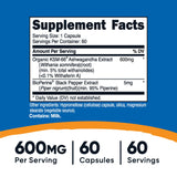 nutricost® KSM-66® Dietary Supplement Ashwagandha Extract / Black Pepper Extract 600 mg - 5 mg Strength Capsule 60 Per Bottle (1270264_BT) 1/BT