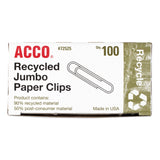 ACCO Recycled Paper Clips, Jumbo, Smooth, Silver, 100 Clips/Box, 10 Boxes/Pack (ACC72525) Box of 1000