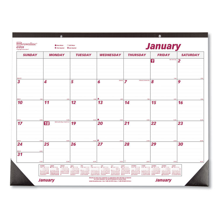 Brownline® REDC1731 Monthly Desk Pad Calendar, 22 x 17, White/Burgundy