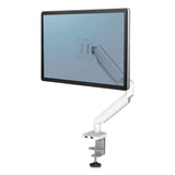 Fellowes® Platinum Series Single Monitor Arm, For 27" Monitors, 360 deg Rotation, 45 deg Tilt, 180 deg Pan, White, Supports 20 lb (FEL8056201) Each