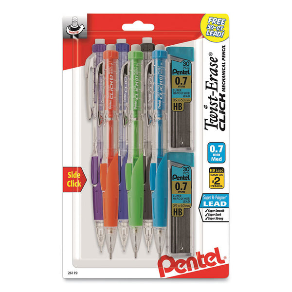 Pentel® Twist-Erase CLICK Mechanical Pencil, 0.7 mm, HB (#2), Black Lead, Assorted Barrel Colors, 6/Pack (PENPD277TLBPS6M)