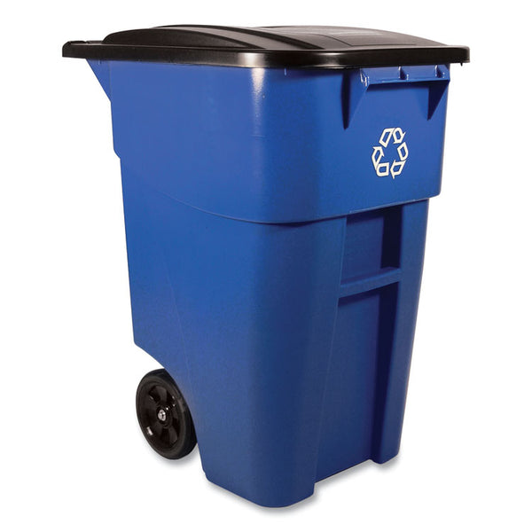Rubbermaid® Commercial Square Brute Recycling Rollout Container, 50 gal, Plastic, Blue (RCP9W2773BLU)