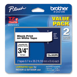 Brother P-Touch® TZe Standard Adhesive Laminated Labeling Tape, 0.7" x 26.2 ft, Black on White, 2/Pack (BRTTZE2412PK) Pack of 2