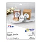Avery® Round Print-to-the Edge Labels with SureFeed, 2.5" dia, Glossy White, 90/PK (AVE22830) Pack of 90