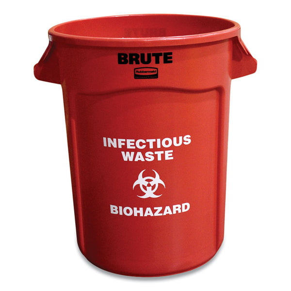 Rubbermaid® Commercial Vented Round Brute Container, "Infectious Waste: Biohazard" Imprint, 32 gal, Plastic, Red (RCP263294RED)
