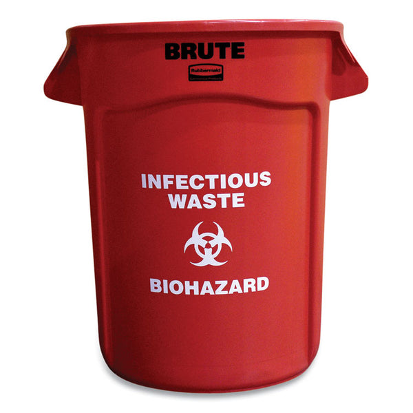 Rubbermaid® Commercial Vented Round Brute Container, "Infectious Waste: Biohazard" Imprint, 32 gal, Plastic, Red (RCP263294RED)
