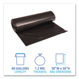 Boardwalk® Recycled Low-Density Polyethylene Can Liners, 60 gal, 1.2 mil, 38" x 58", Black, 10 Bags/Roll, 10 Rolls/Carton (BWK519) Box of 100