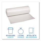 Boardwalk® Recycled Low-Density Polyethylene Can Liners, 60 gal, 1.75 mil, 38" x 58", Clear, 10 Bags/Roll, 10 Rolls/Carton (BWK538) Case of 100