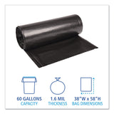 Boardwalk® Recycled Low-Density Polyethylene Can Liners, 60 gal, 1.6 mil, 38" x 58", Black, 10 Bags/Roll, 10 Rolls/Carton (BWK523) Box of 100
