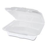 Pactiv Evergreen Vented Foam Hinged Lid Container, Dual Tab Lock, 3-Compartment, 8.42 x 8.15 x 3, White, 150/Carton (PCTYTD188030000) Case of 150
