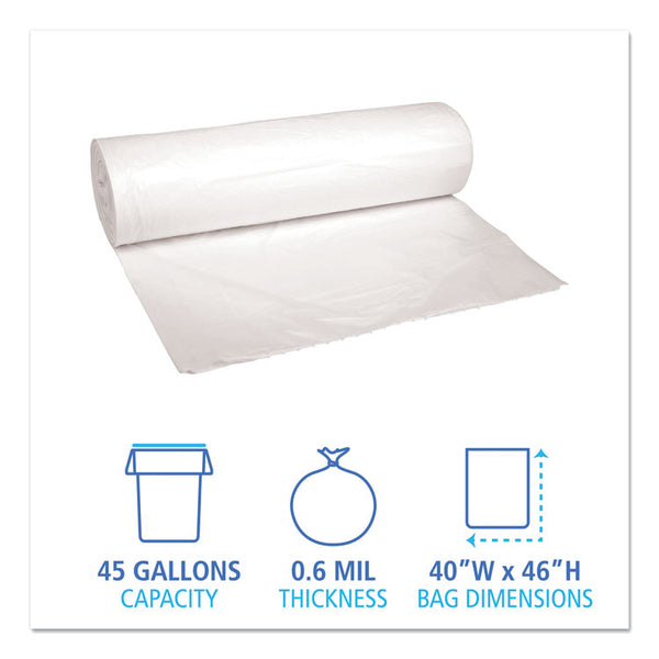 Boardwalk® Low-Density Waste Can Liners, 45 gal, 0.6 mil, 40" x 46", White, 25 Bags/Roll, 4 Rolls/Carton (BWK4046EXH)