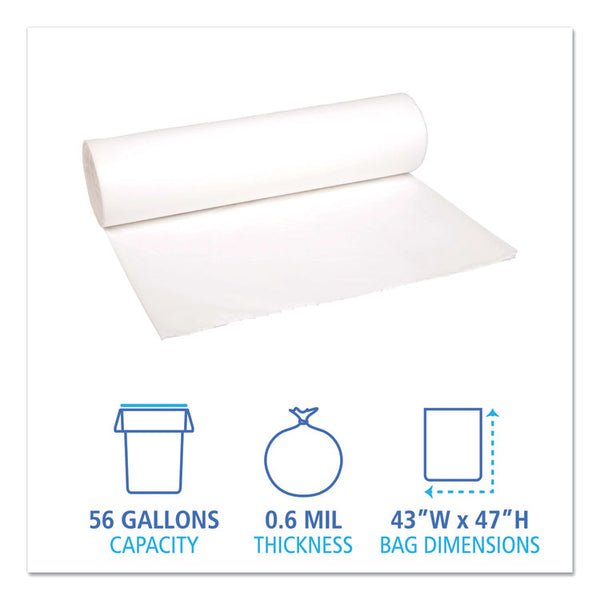 Boardwalk® Low-Density Waste Can Liners, 56 gal, 0.6 mil, 43" x 47", White, 25 Bags/Roll, 4 Rolls/Carton (BWK4347EXH)