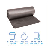 Boardwalk® Low-Density Waste Can Liners, 60 gal, 0.95 mil, 38" x 58", Gray, 25 Bags/Roll, 4 Rolls/Carton (BWK528) Case of 4 Rolls