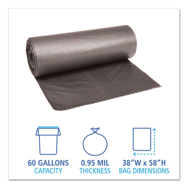 Boardwalk® Low-Density Waste Can Liners, 60 gal, 0.95 mil, 38" x 58", Gray, 25 Bags/Roll, 4 Rolls/Carton (BWK528)