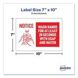 Avery® Preprinted Surface Safe Wall Decals, 10 x 7, Wash Hands for at Least 20 Seconds, White/Red Face, Red Graphics, 5/Pack (AVE83175) Pack of 5