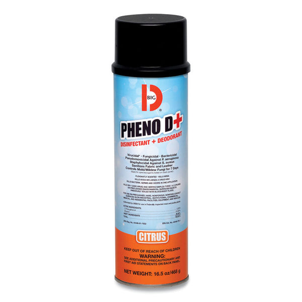 Big D Industries PHENO D+ Aerosol Disinfectant/Deodorizer, Citrus Scent, 16.5 oz Aerosol Spray Can, 12/Carton (BGD33700)