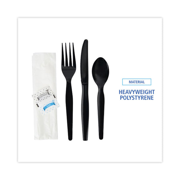 Boardwalk® Six-Piece Cutlery Kit, Condiment/Fork/Knife/Napkin/Spoon, Heavyweight, Black, 250/Carton (BWKFKTNSHWPSBLA)