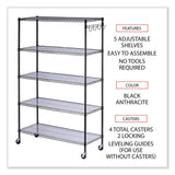 Alera® 5-Shelf Wire Shelving Kit with Casters and Shelf Liners, 48w x 18d x 72h, Black Anthracite (ALESW654818BA) Each