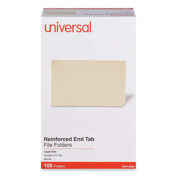Universal® Deluxe Reinforced End Tab Folders, Straight Tabs, Legal Size, 0.75" Expansion, Manila, 100/Box (UNV13350)