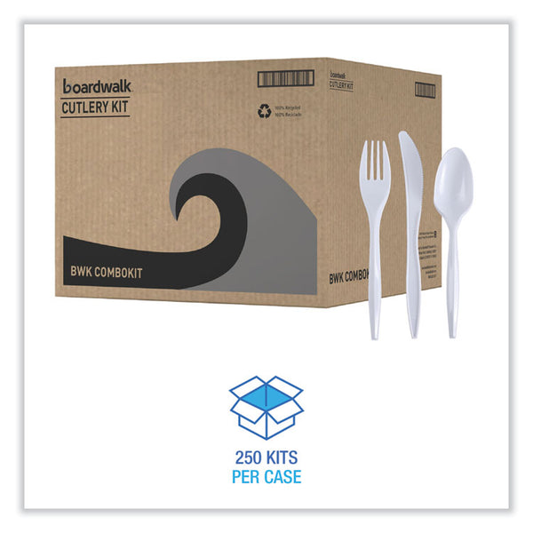 Boardwalk® Three-Piece Cutlery Kit, Fork/Knife/Teaspoon, Polypropylene, White, 250/Carton (BWKCOMBOKIT)
