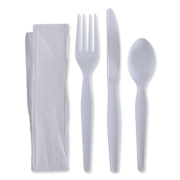 Boardwalk® Four-Piece Cutlery Kit, Fork/Knife/Napkin/Teaspoon, Heavyweight, White, 250/Carton (BWKFKTNHWPSWH)