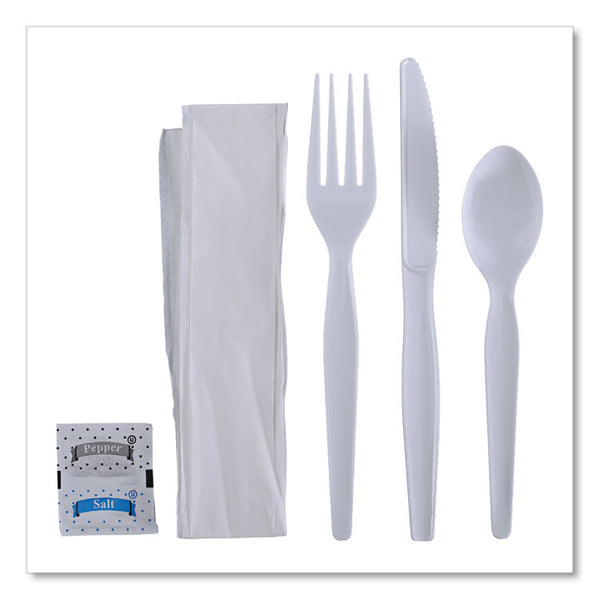 Boardwalk® Six-Piece Cutlery Kit, Condiment/Fork/Knife/Napkin/Spoon, Heavyweight, White, 250/Carton (BWKFKTNSHWPSWH)