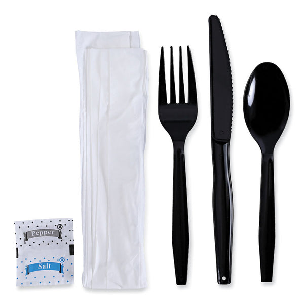 Boardwalk® Six-Piece Cutlery Kit, Condiment/Fork/Knife/Napkin/Teaspoon, Black, 250/Carton (BWKFKTNSMWPSBLA)