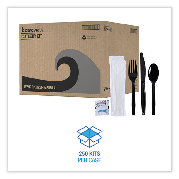 Boardwalk® Six-Piece Cutlery Kit, Condiment/Fork/Knife/Napkin/Teaspoon, Black, 250/Carton (BWKFKTNSMWPSBLA)