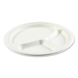 Boardwalk® Bagasse PFAS-Free Dinnerware, Plate, 10" dia, 3-Compartment, White, 500/Carton (BWKPLT3C10NPFA) Case of 500