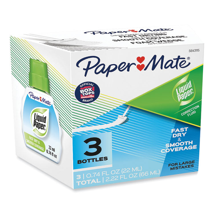Paper Mate® Liquid Paper® Fast Dry Correction Fluid, 22 ml Bottle, White, 3/Pack (PAP5643115)