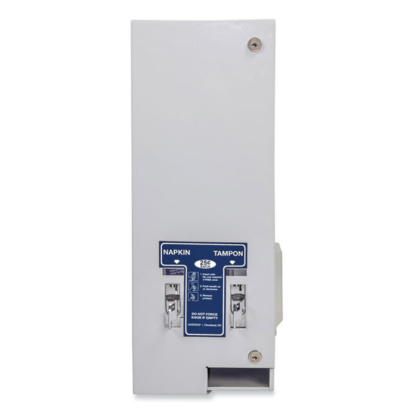 HOSPECO® Dual Sanitary Napkin/Tampon Dispenser, 25 Cent Coin Mechanism, 11.13 x 7.63 x 26.38, White/Blue (HOS125)