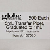 Globe Scientific Transfer Pipette 5 mL 0.25 mL Graduation Increments NonSterile (541271_BX) 500/BX