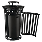 Global Industrial® Outdoor Slatted Steel Trash Can, With Access Door and Rain Bonnet Lid, 36 gal, Black (GBE261941BK) Each