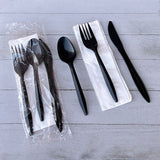Boardwalk® Four-Piece Cutlery Kit, Fork/Knife/Teaspoon/Napkin, Mediumweight, Black, 250/Carton (BWK4KITBLPP) Case of 250
