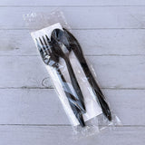 Boardwalk® Four-Piece Cutlery Kit, Fork/Knife/Teaspoon/Napkin, Mediumweight, Black, 250/Carton (BWK4KITBLPP) Case of 250