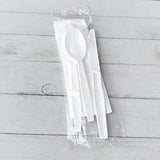 Boardwalk® Four-Piece Cutlery Kit, Fork/Knife/Napkin/Teaspoon, Mediumweight, Polystyrene, White, 250/Carton (BWK4KITWHPS) Case of 250