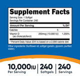 nutricost® Dietary Supplement Vitamin D3 10,000 IU Strength Softgel 240 Per Bottle (1270248_BT) 1/BT