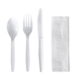 Boardwalk® Four-Piece Cutlery Kit, Fork/Knife/Napkin/Teaspoon, Mediumweight, Polystyrene, White, 250/Carton (BWK4KITWHPS) Case of 250