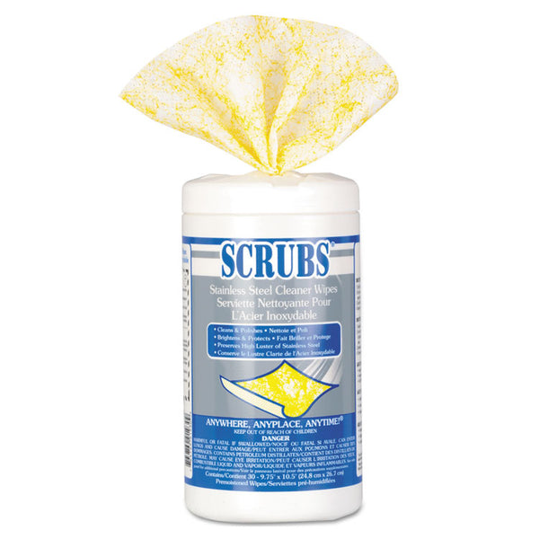 SCRUBS® Stainless Steel Cleaner Towels, 1-Ply, 9.75 x 10.5, Lemon Scent, 30/Canister, 6 Canisters/Carton (ITW91930CT)