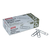 ACCO Recycled Paper Clips, Jumbo, Smooth, Silver, 100 Clips/Box, 10 Boxes/Pack (ACC72525) Box of 1000