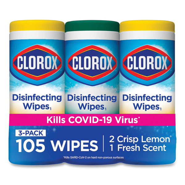 Clorox® Disinfecting Wipes, 1-Ply, 7 x 8, Fresh Scent/Citrus Blend, White, 35/Canister, 3 Canisters/Pack (CLO30112)