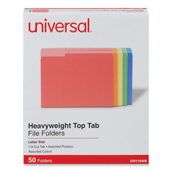 Universal® Deluxe Heavyweight File Folders, 1/3-Cut Tabs: Assorted, Letter Size, 0.75" Expansion, Assorted Colors, 50/Box (UNV16466)