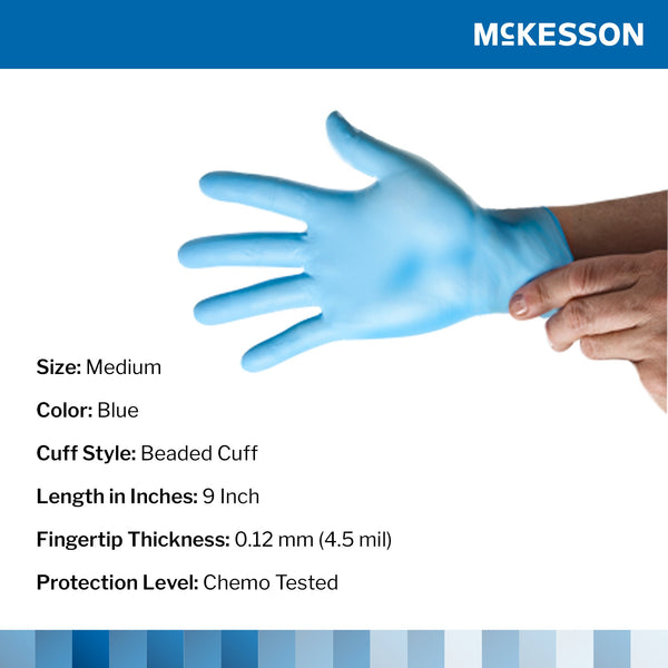McKesson Confiderm® 4.5C Exam Glove Medium NonSterile Nitrile Standard Cuff Length Textured Fingertips Blue Chemo Tested (921603_CS) 1000/CS