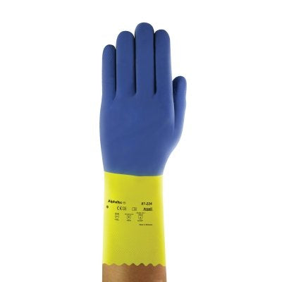 Ansell AlphaTec® 87-224 Neoprene Gloves, Cotton Flock Lined, Size 8, Yellow/Blue (012-87-224-8) 12 PR / DZ