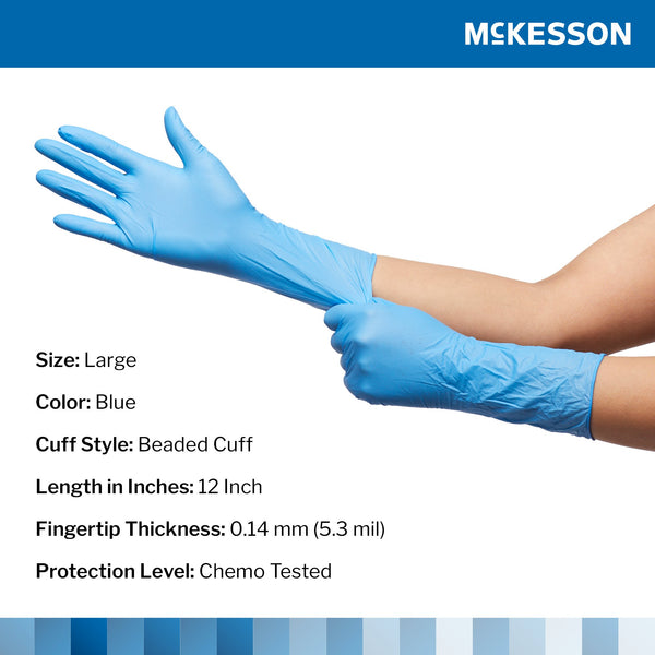 McKesson Confiderm® 6.5CX Exam Glove Large NonSterile Nitrile Extended Cuff Length Textured Fingertips Blue Chemo Tested (921608_CS) 1000/CS