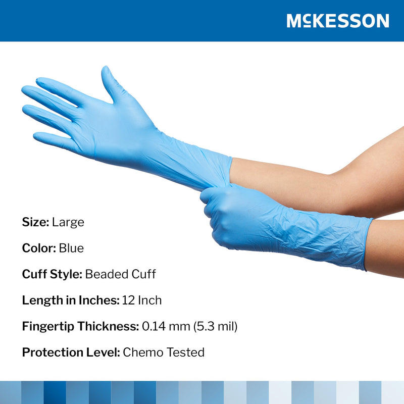 McKesson Confiderm® 6.5CX Exam Glove Large NonSterile Nitrile Extended Cuff Length Textured Fingertips Blue Chemo Tested (921608_CS) 1000/CS