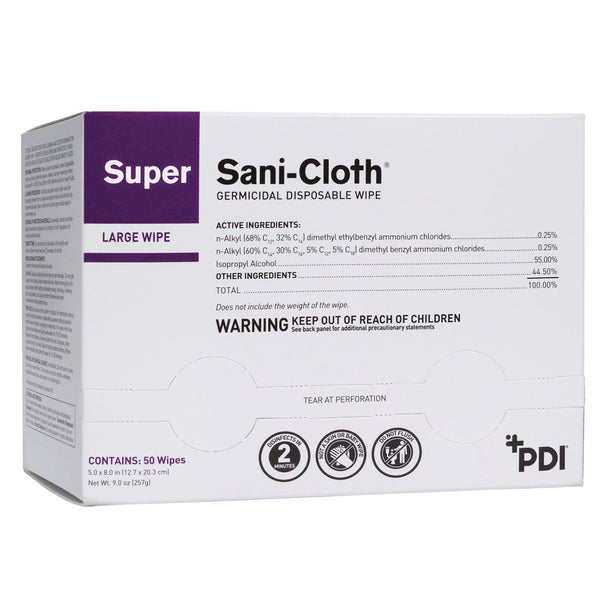 Super Sani-Cloth® Surface Disinfectant Cleaner Premoistened Germicidal Manual Pull Wipe 50 Count Individual Packet Alcohol Scent NonSterile (297456_EA) 1/EA